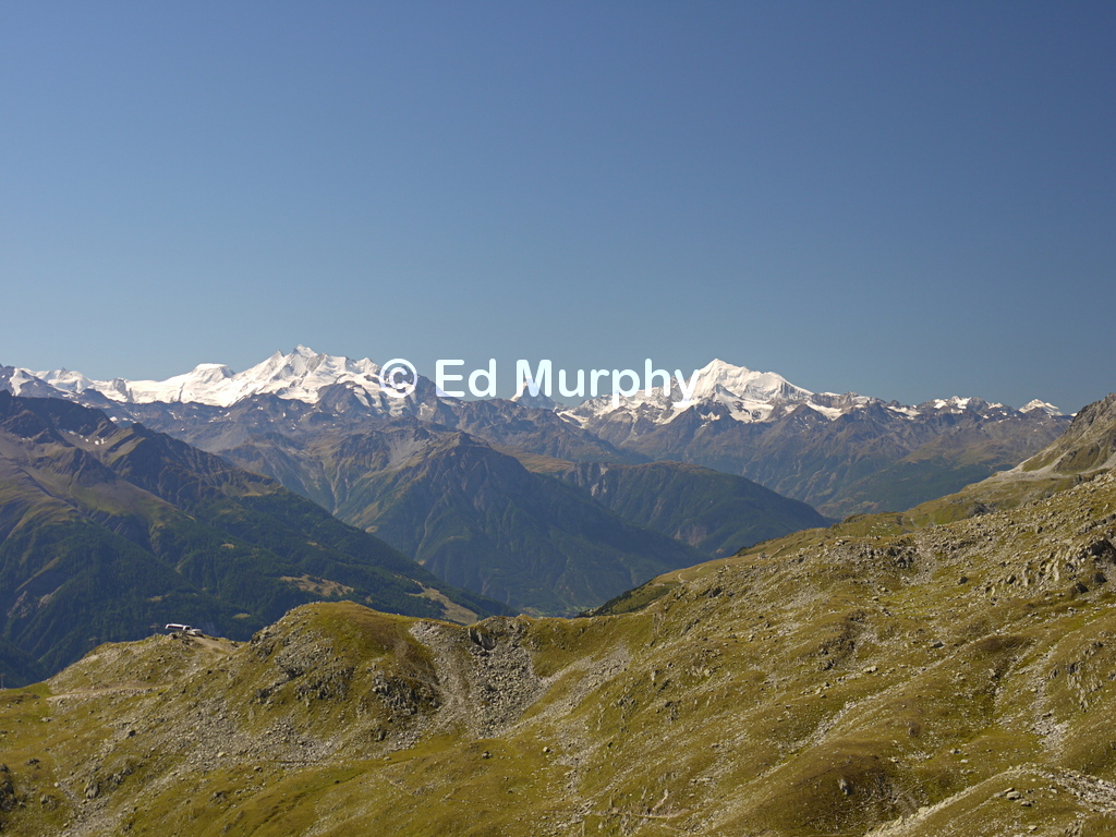 Dom, Matterhorn and Weisshorn from the path to the Honeggerhorn