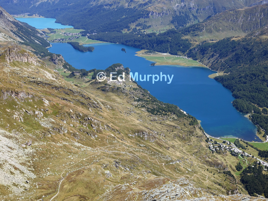 Lakes Silvaplana and Sils and the track to Piz Lunghin